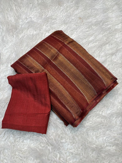 Organza Saree with Stripe Patta Pattern & Running Blouse Piece