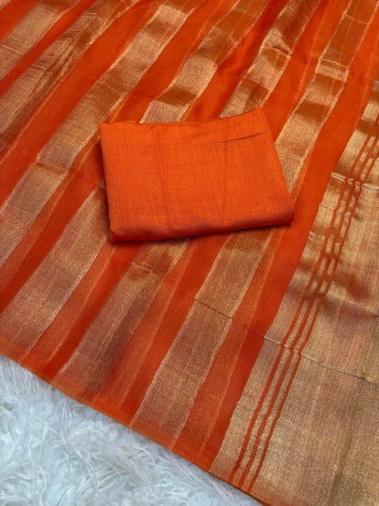 Organza Saree with Stripe Patta Pattern & Running Blouse Piece