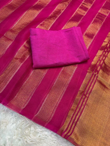 Organza Saree with Stripe Patta Pattern & Running Blouse Piece