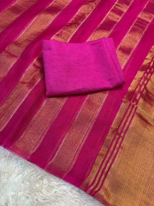 Organza Saree with Stripe Patta Pattern & Running Blouse Piece