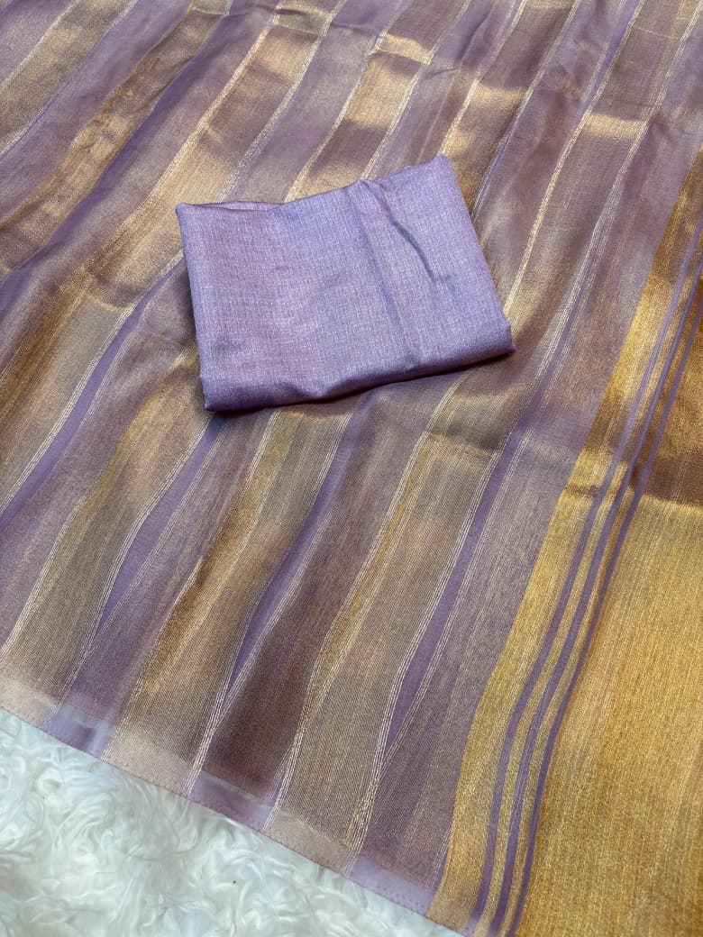 Organza Saree with Stripe Patta Pattern & Running Blouse Piece