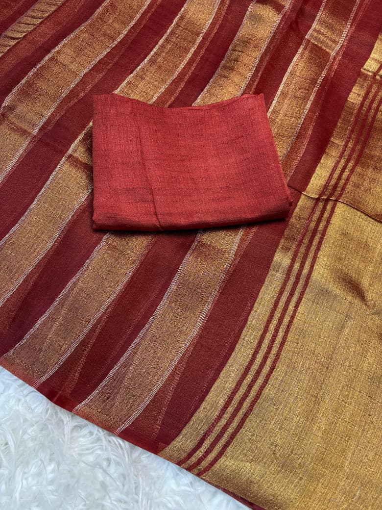 Organza Saree with Stripe Patta Pattern & Running Blouse Piece