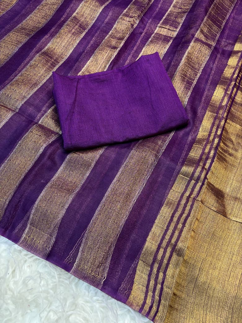 Organza Saree with Stripe Patta Pattern & Running Blouse Piece