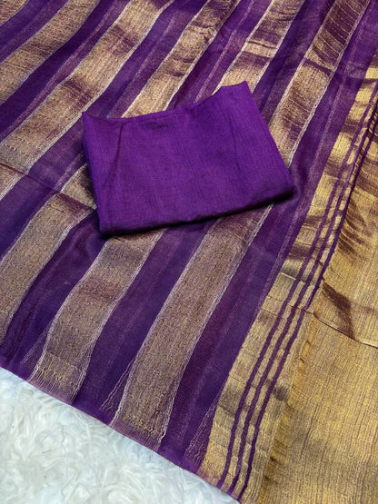 Organza Saree with Stripe Patta Pattern & Running Blouse Piece