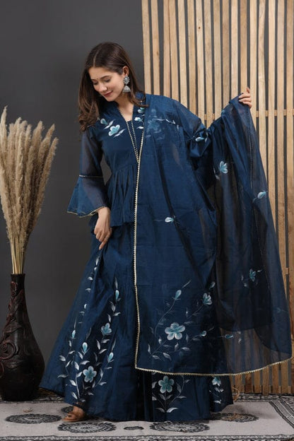 Painted Chanderi Lehenga Choli Set with Blouse & Dupatta