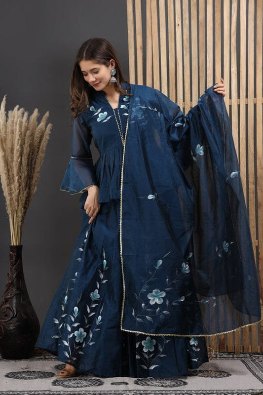 Painted Chanderi Lehenga Choli Set with Blouse & Dupatta