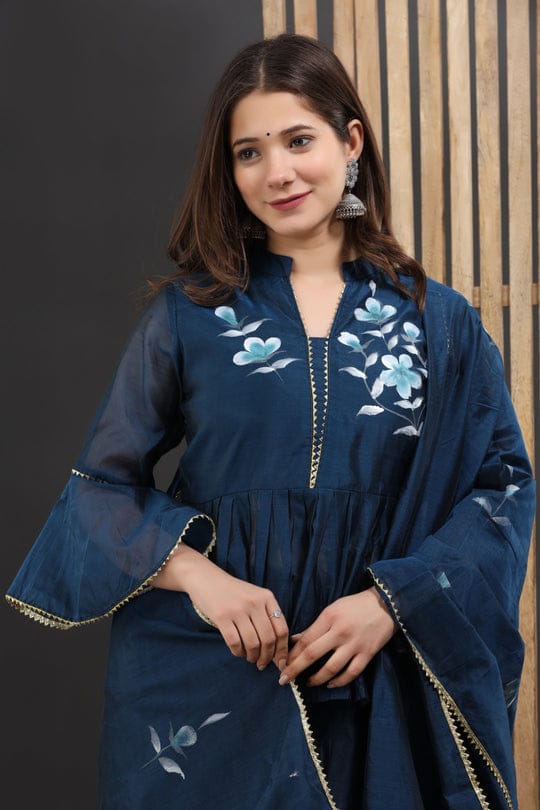 Painted Chanderi Lehenga Choli Set with Blouse & Dupatta