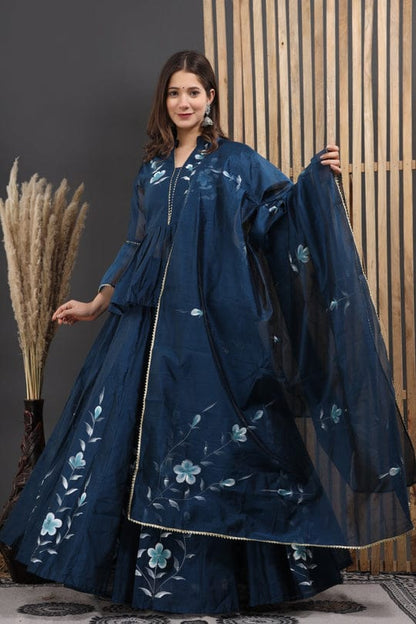 Painted Chanderi Lehenga Choli Set with Blouse & Dupatta