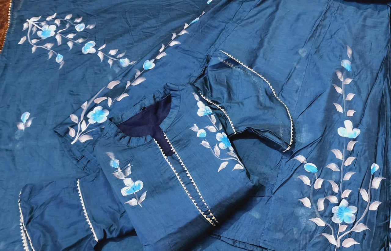 Painted Chanderi Lehenga Choli Set with Blouse & Dupatta