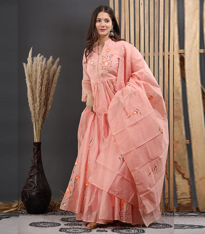 Painted Chanderi Lehenga Choli Set with Blouse & Dupatta