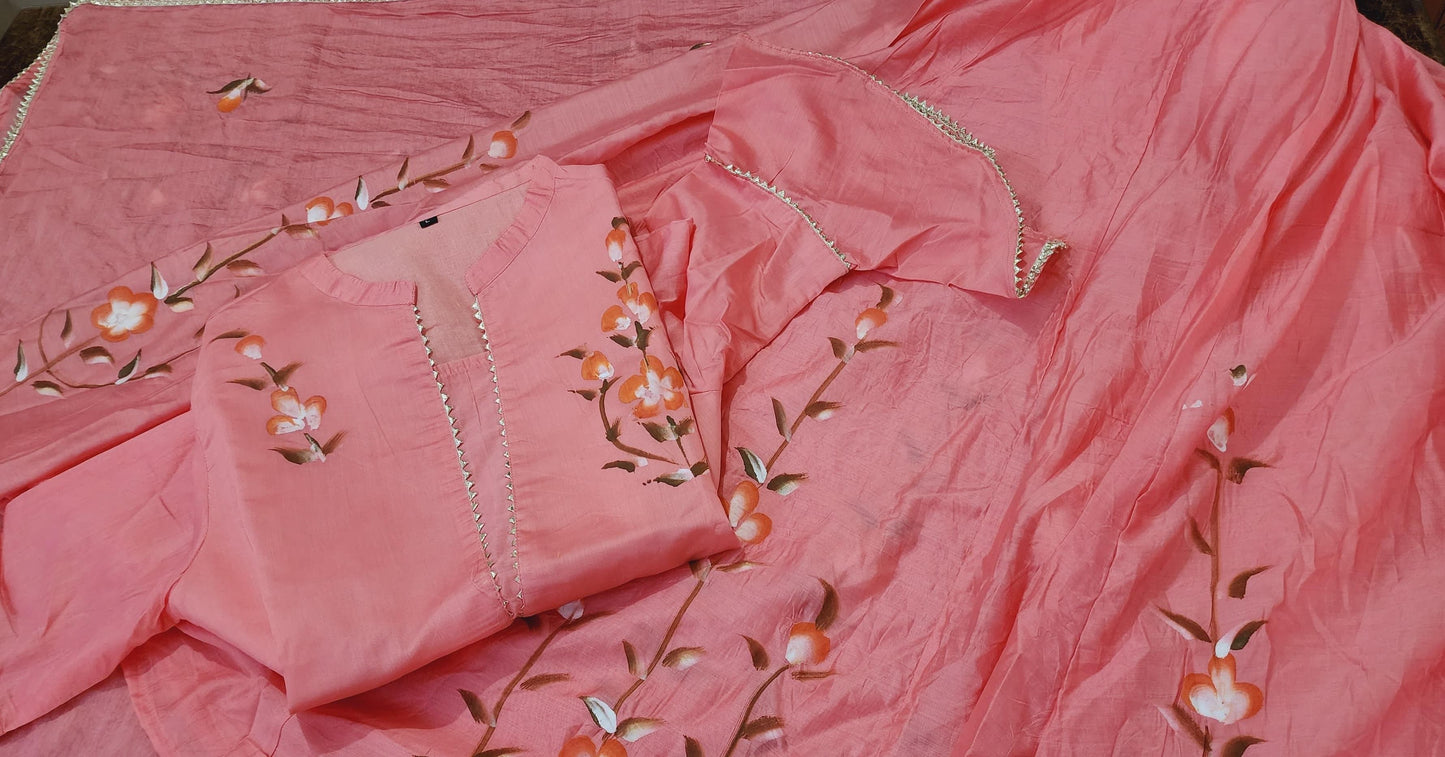 Painted Chanderi Lehenga Choli Set with Blouse & Dupatta