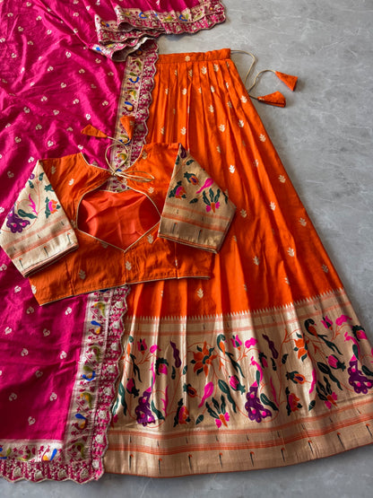 Paithani Hafsaree Lehenga in Dola Silk with Paithani Weaving