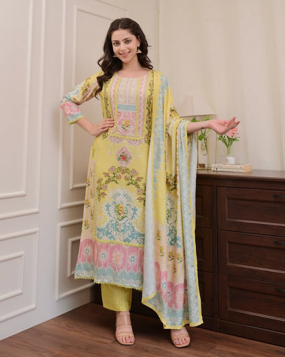 Pakistani Bahara Reshmi Yellow Suit Set with Schiffli Work & Dupatta