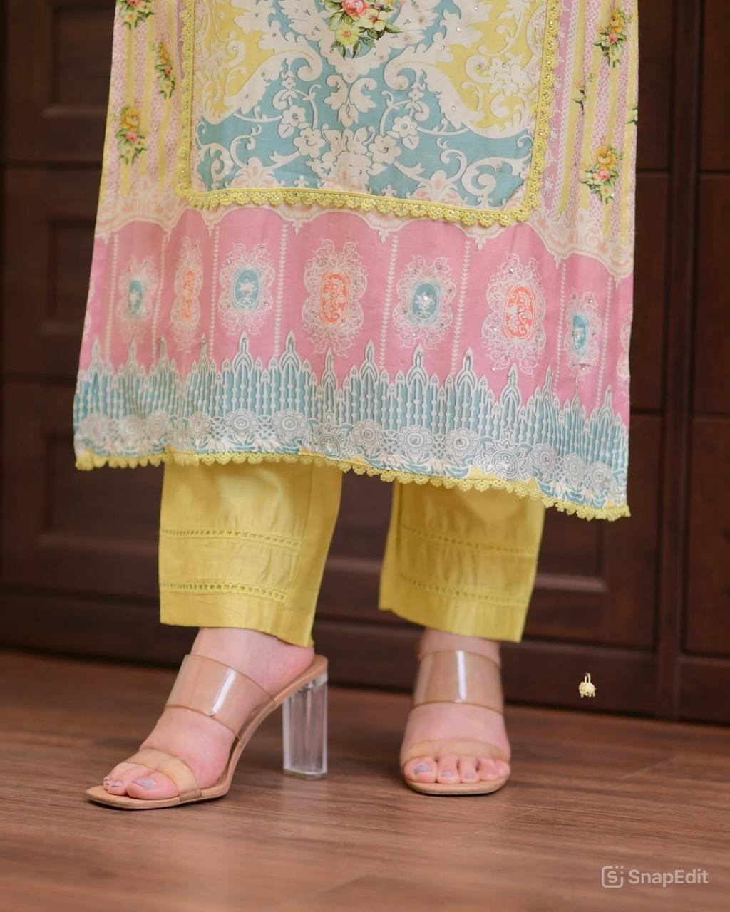 Pakistani Bahara Reshmi Yellow Suit Set with Schiffli Work & Dupatta