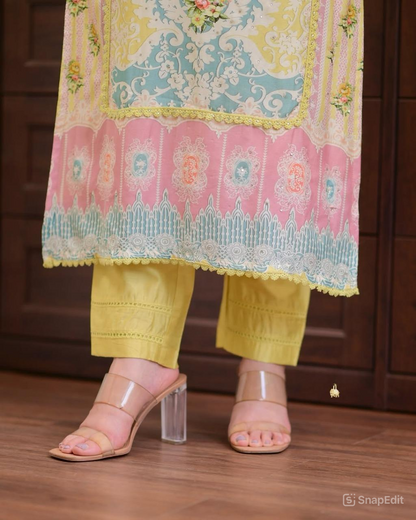 Pakistani Bahara Reshmi Yellow Suit Set with Schiffli Work & Dupatta