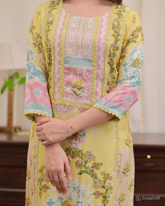 Pakistani Bahara Reshmi Yellow Suit Set with Schiffli Work & Dupatta