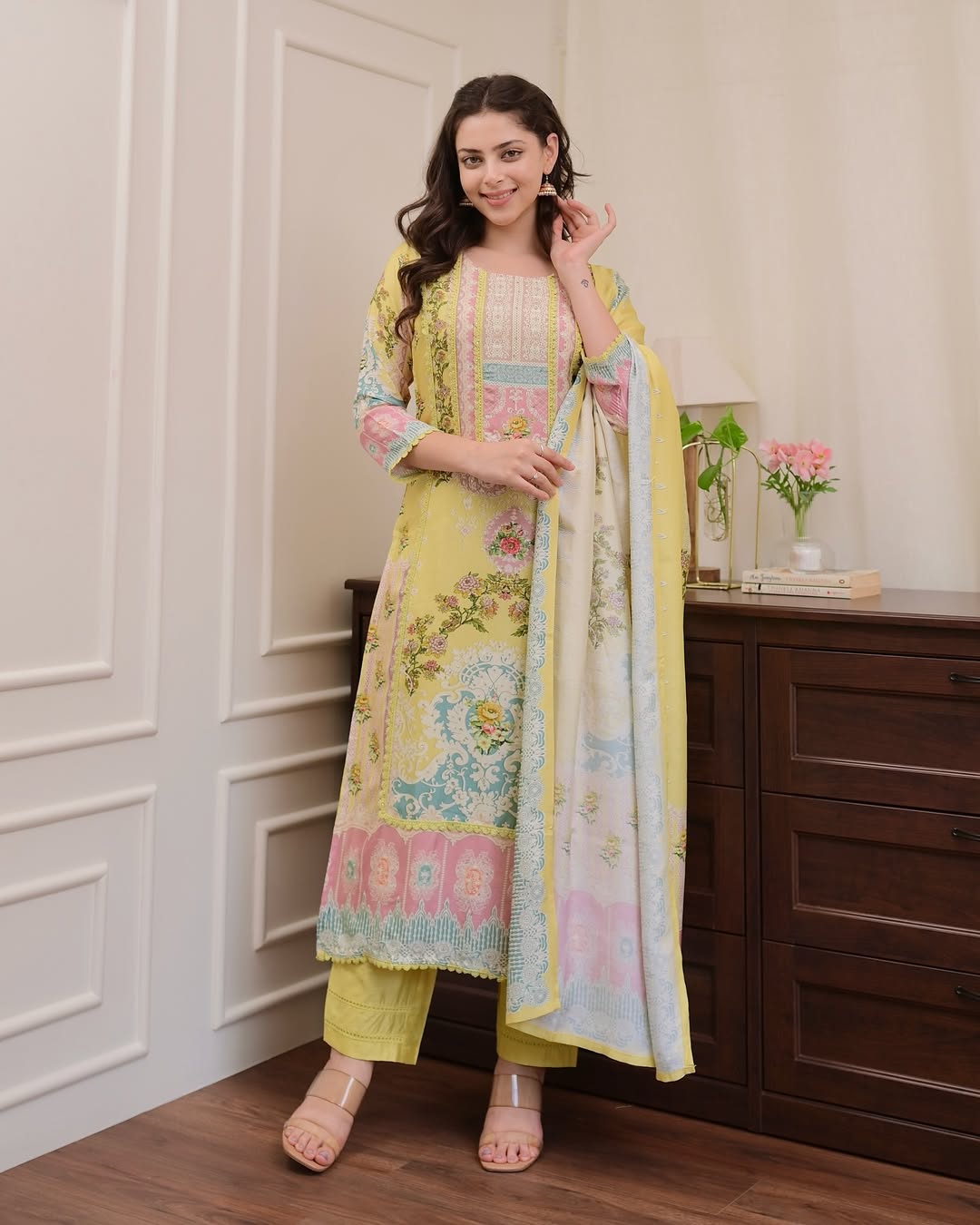 Pakistani Bahara Reshmi Yellow Suit Set with Schiffli Work & Dupatta