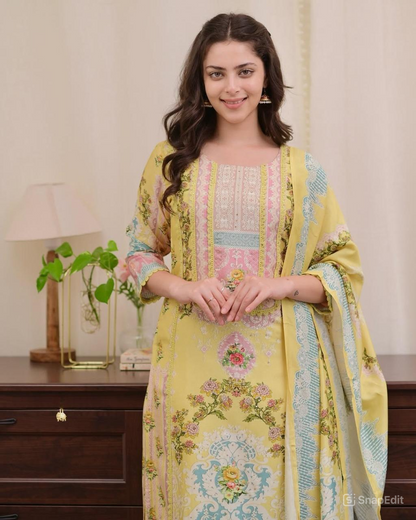 Pakistani Bahara Reshmi Yellow Suit Set with Schiffli Work & Dupatta