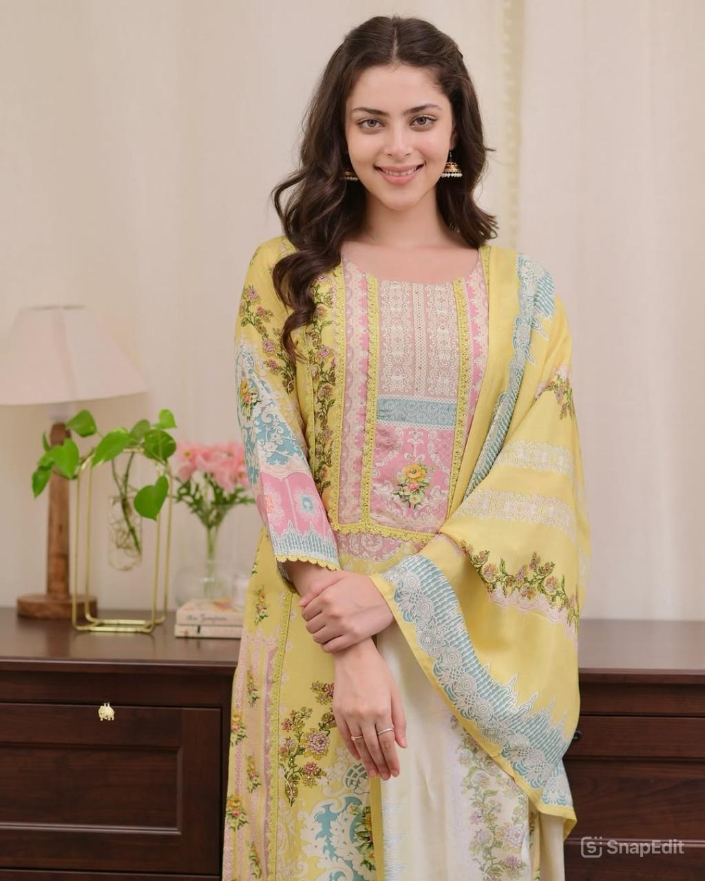 Pakistani Bahara Reshmi Yellow Suit Set with Schiffli Work & Dupatta