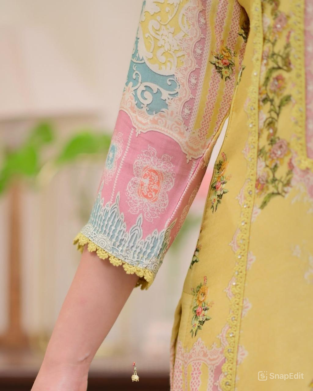 Pakistani Bahara Reshmi Yellow Suit Set with Schiffli Work & Dupatta