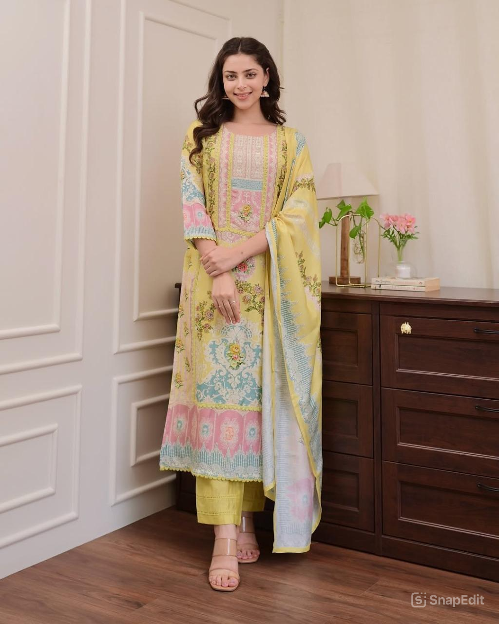 Pakistani Bahara Reshmi Yellow Suit Set with Schiffli Work & Dupatta