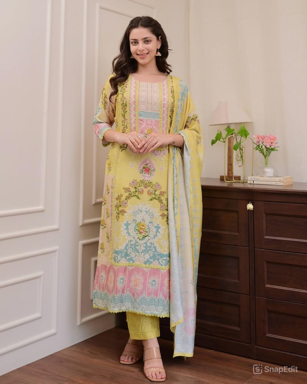 Pakistani Bahara Reshmi Yellow Suit Set with Schiffli Work & Dupatta