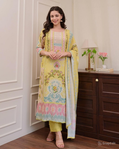 Pakistani Bahara Reshmi Yellow Suit Set with Schiffli Work & Dupatta
