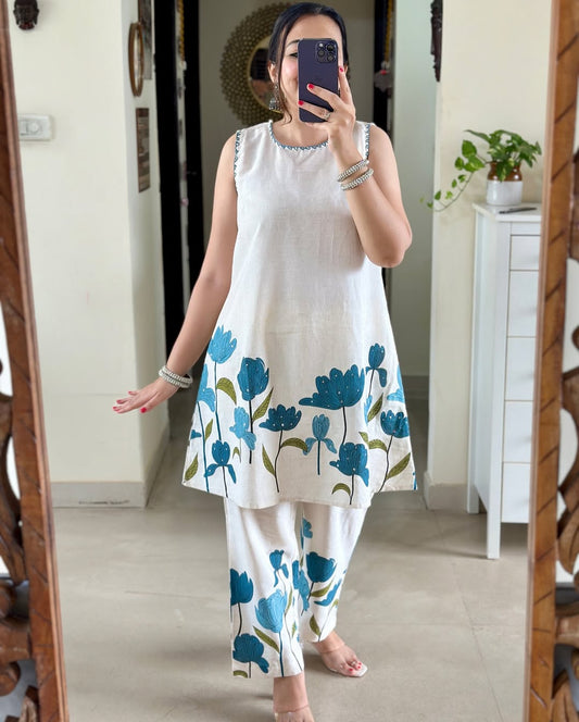 Panel Print Cotton Flex Kurti & Pant Set with Katha Work