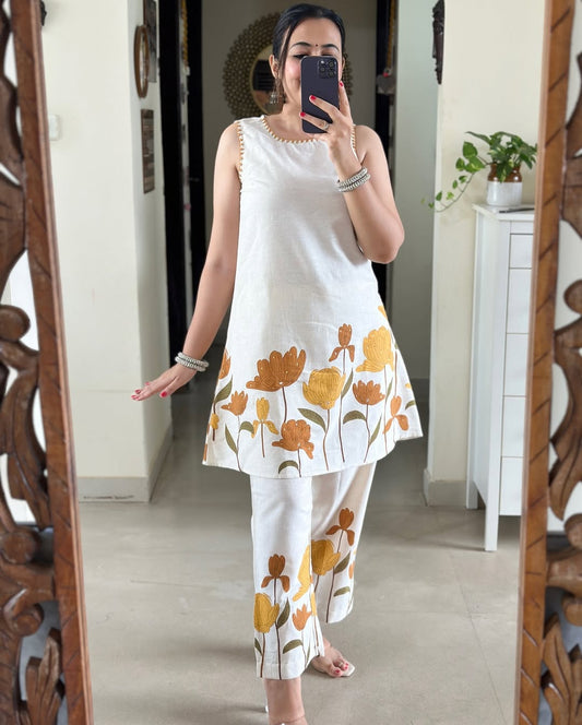 Panel Print Cotton Flex Kurti & Pant Set with Katha Work