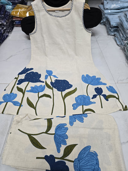 Panel Print Cotton Flex Kurti & Pant Set with Katha Work