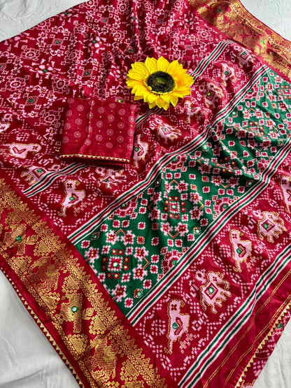 Pashmina Dola Silk Saree with Bandhani Print & Mirror Work Border