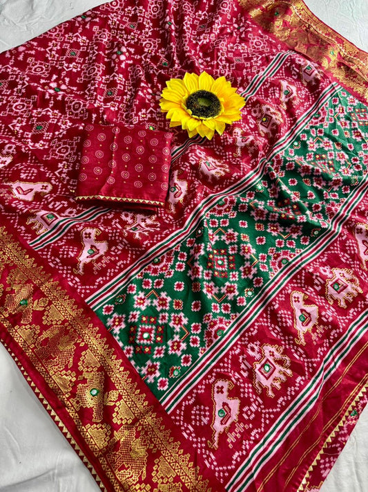 Pashmina Dola Silk Saree with Bandhani Print & Mirror Work Border