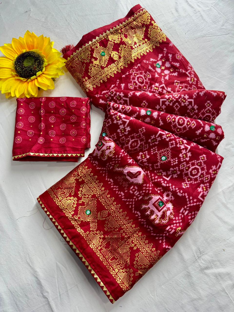 Pashmina Dola Silk Saree with Bandhani Print & Mirror Work Border