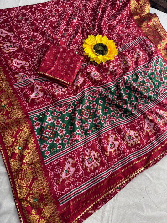 Pashmina Dola Silk Saree with Bandhani Print & Mirror Work Border