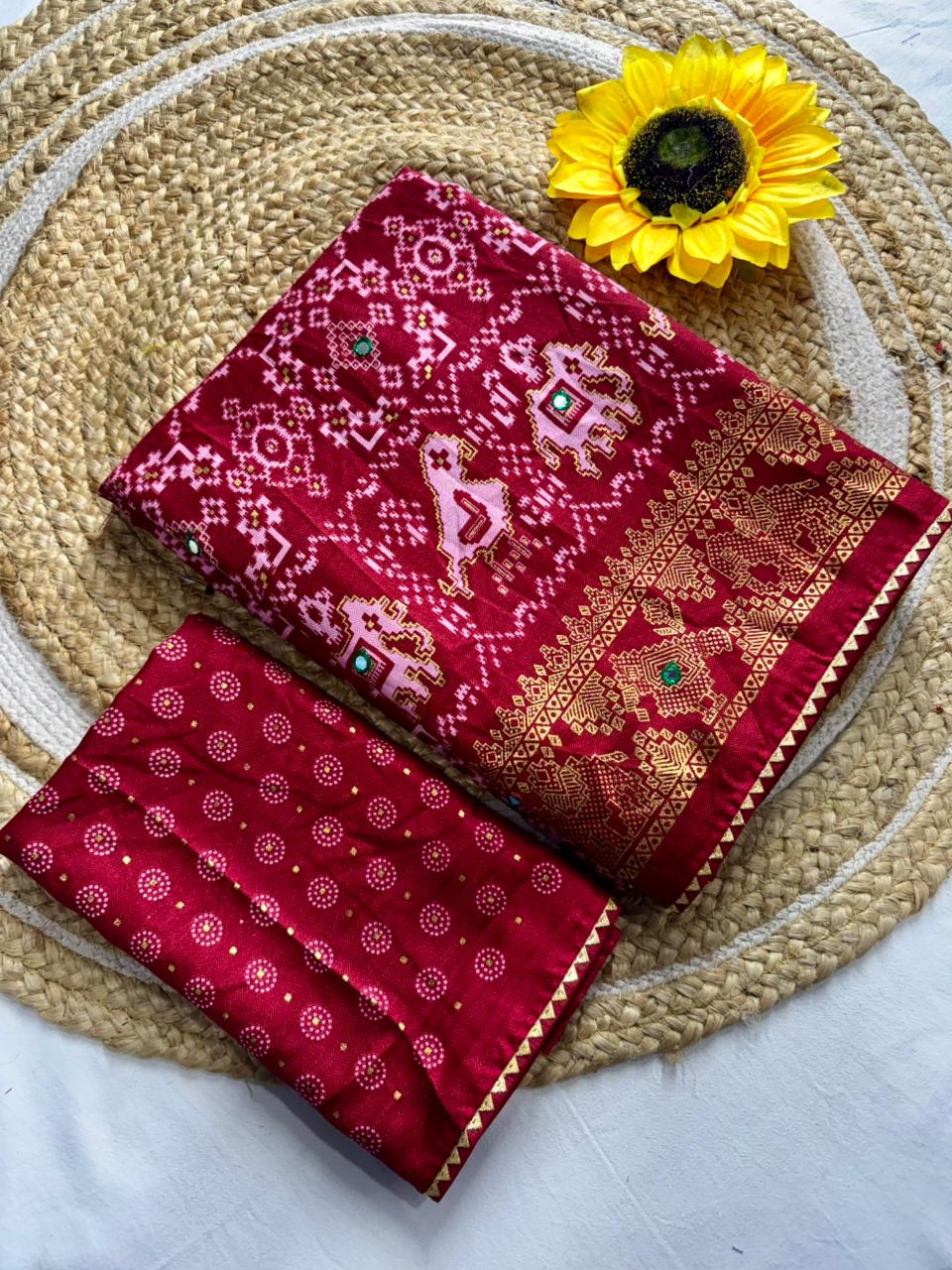 Pashmina Dola Silk Saree with Bandhani Print & Mirror Work Border