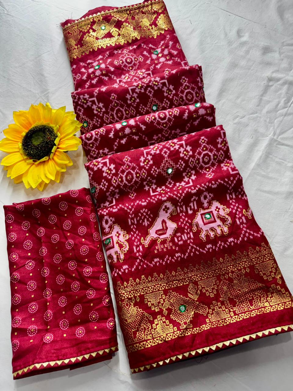 Pashmina Dola Silk Saree with Bandhani Print & Mirror Work Border