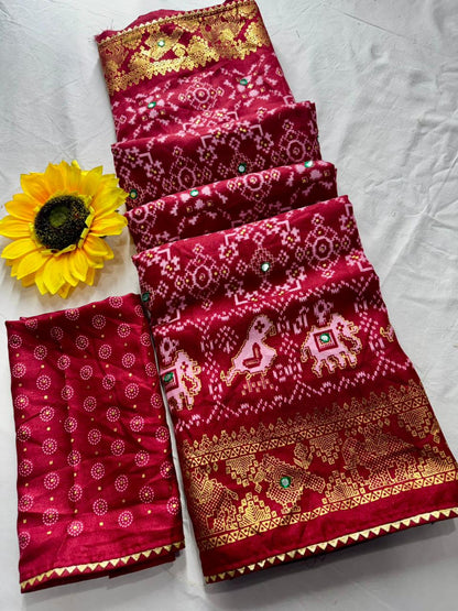Pashmina Dola Silk Saree with Bandhani Print & Mirror Work Border