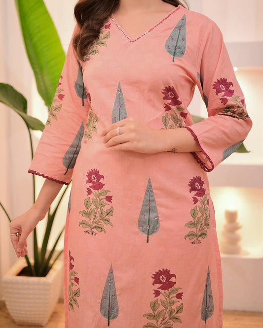 Pastel Floral Cotton Suit Set with Aada Work & Dupatta