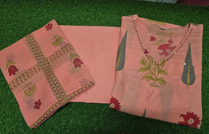 Pastel Floral Cotton Suit Set with Aada Work & Dupatta
