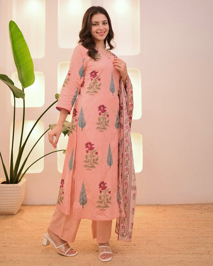 Pastel Floral Cotton Suit Set with Aada Work & Dupatta