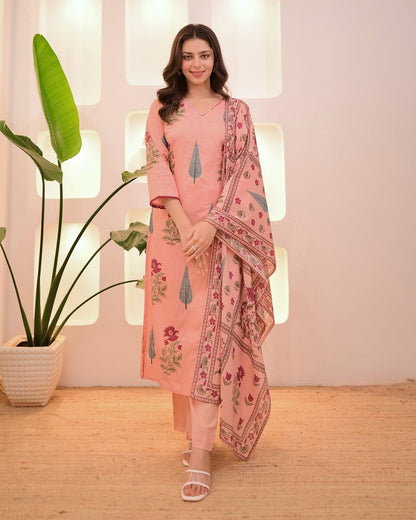Pastel Floral Cotton Suit Set with Aada Work & Dupatta
