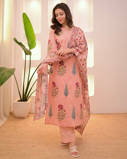 Pastel Floral Cotton Suit Set with Aada Work & Dupatta