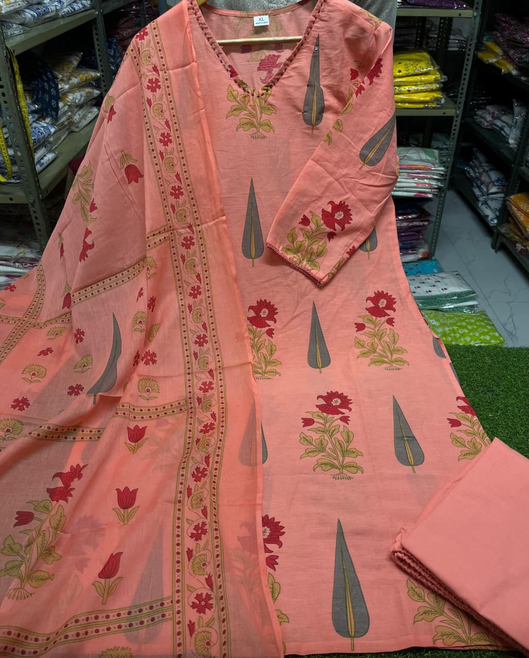 Pastel Floral Cotton Suit Set with Aada Work & Dupatta