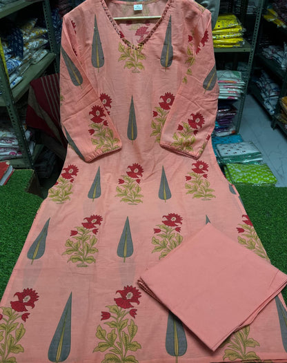 Pastel Floral Cotton Suit Set with Aada Work & Dupatta