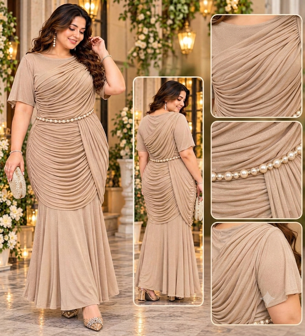Pearl Drape Dress in Imported Starchable Fabric