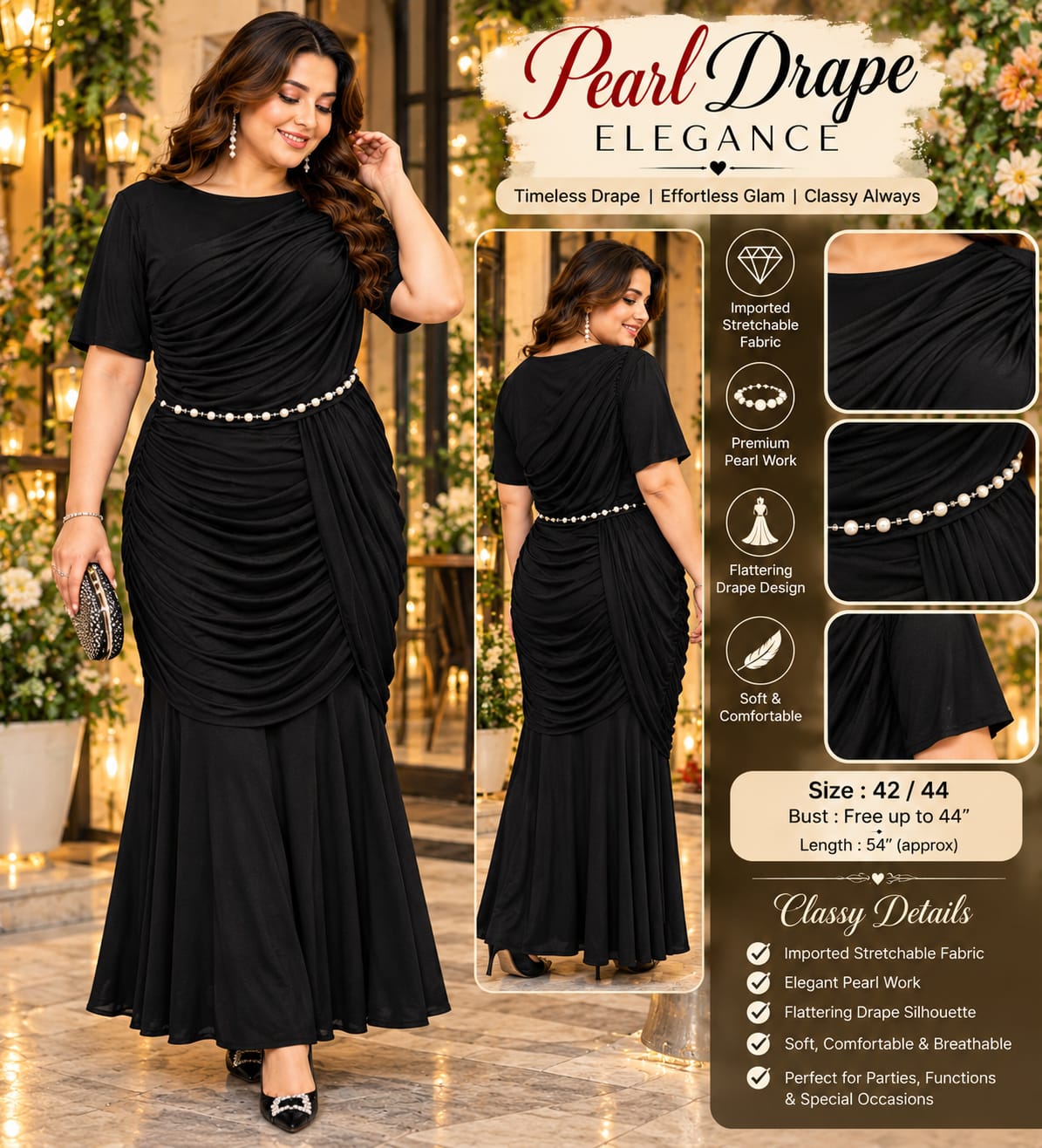 Pearl Drape Dress in Imported Starchable Fabric