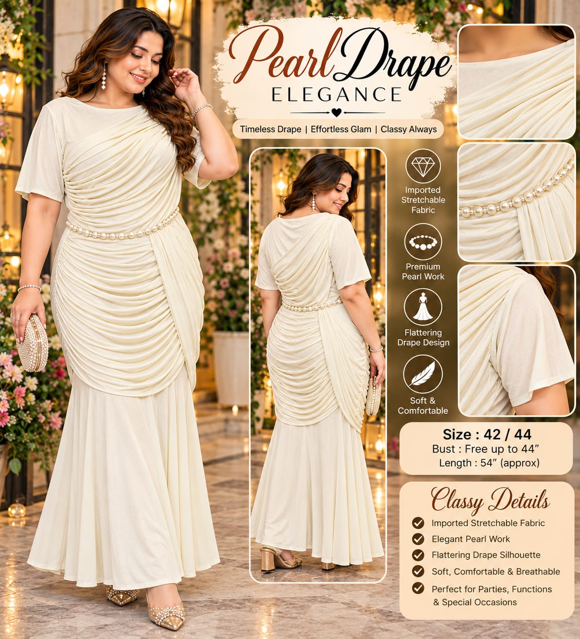 Pearl Drape Dress in Imported Starchable Fabric