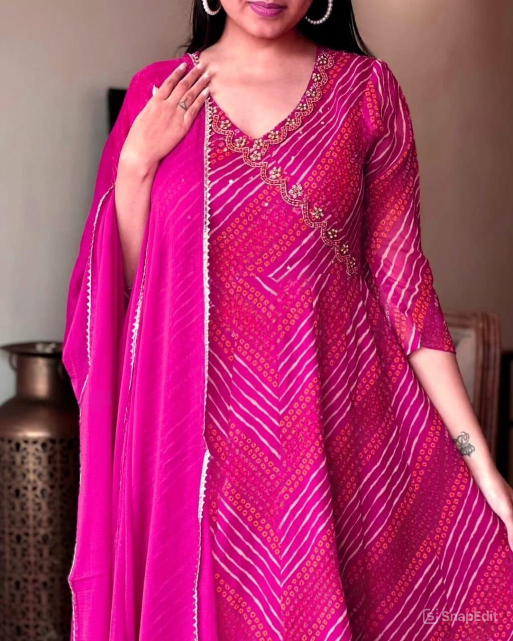 Pink Bandhej Cotton Anarkali Suit Set with Zardozi Work & Nazmin Dupatta