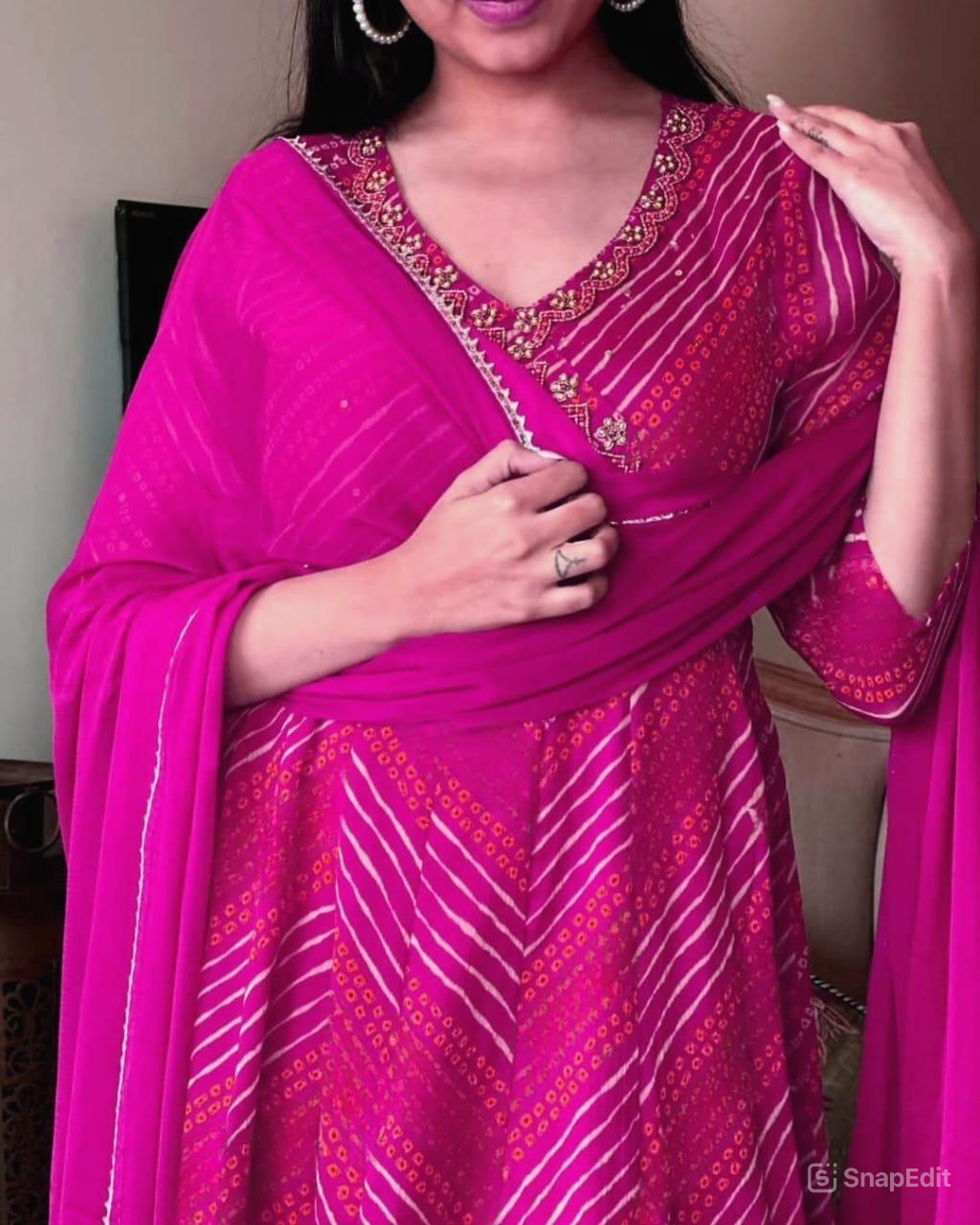 Pink Bandhej Cotton Anarkali Suit Set with Zardozi Work & Nazmin Dupatta