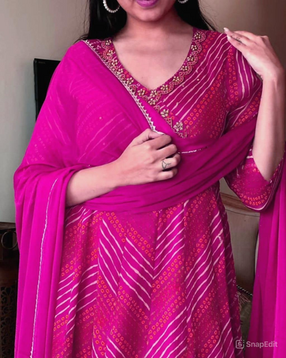 Pink Bandhej Cotton Anarkali Suit Set with Zardozi Work & Nazmin Dupatta